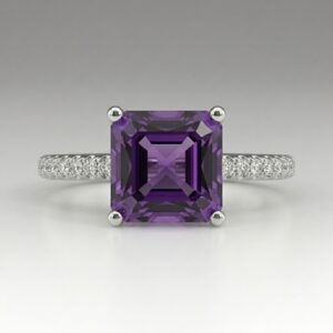 princess cut amethyst solitaire ring with pavé band
