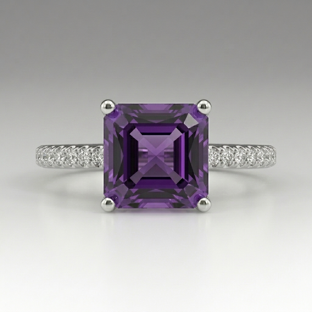 princess cut amethyst solitaire ring with pavé band