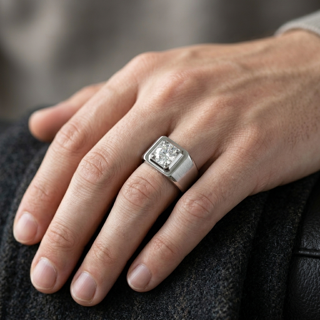 men’s brushed silver solitaire signet ring